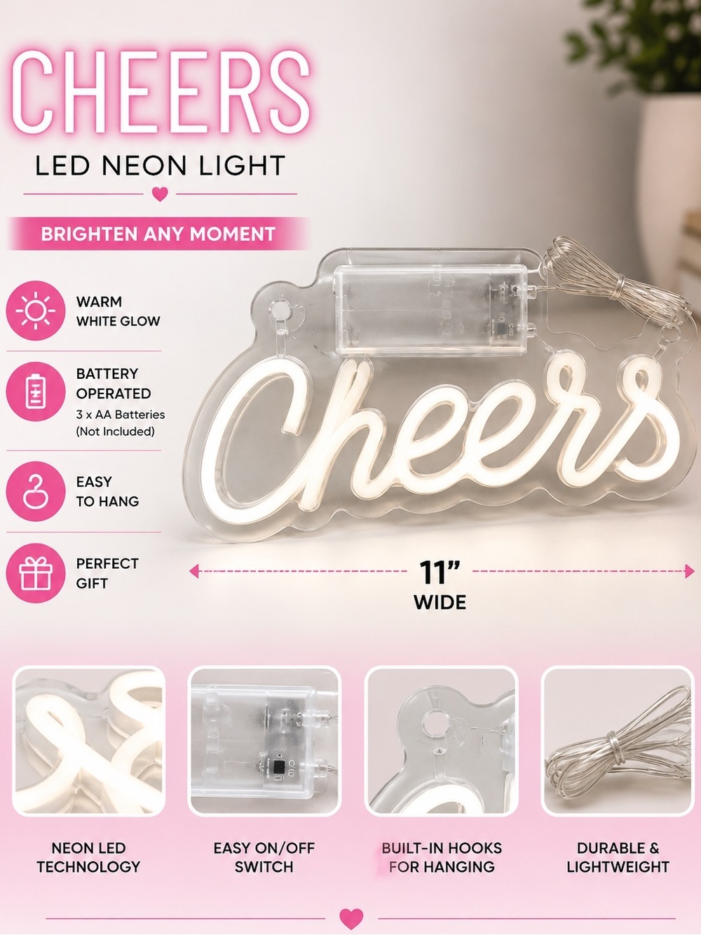 LED Faux Neon 'Cheers' Sign - White 11in wide